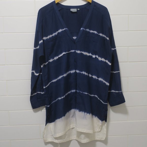 ATHLETA TIE DYE STRIPE KAFTAN SHIRT coverup blue white button silk beach LARGE - Picture 1 of 13